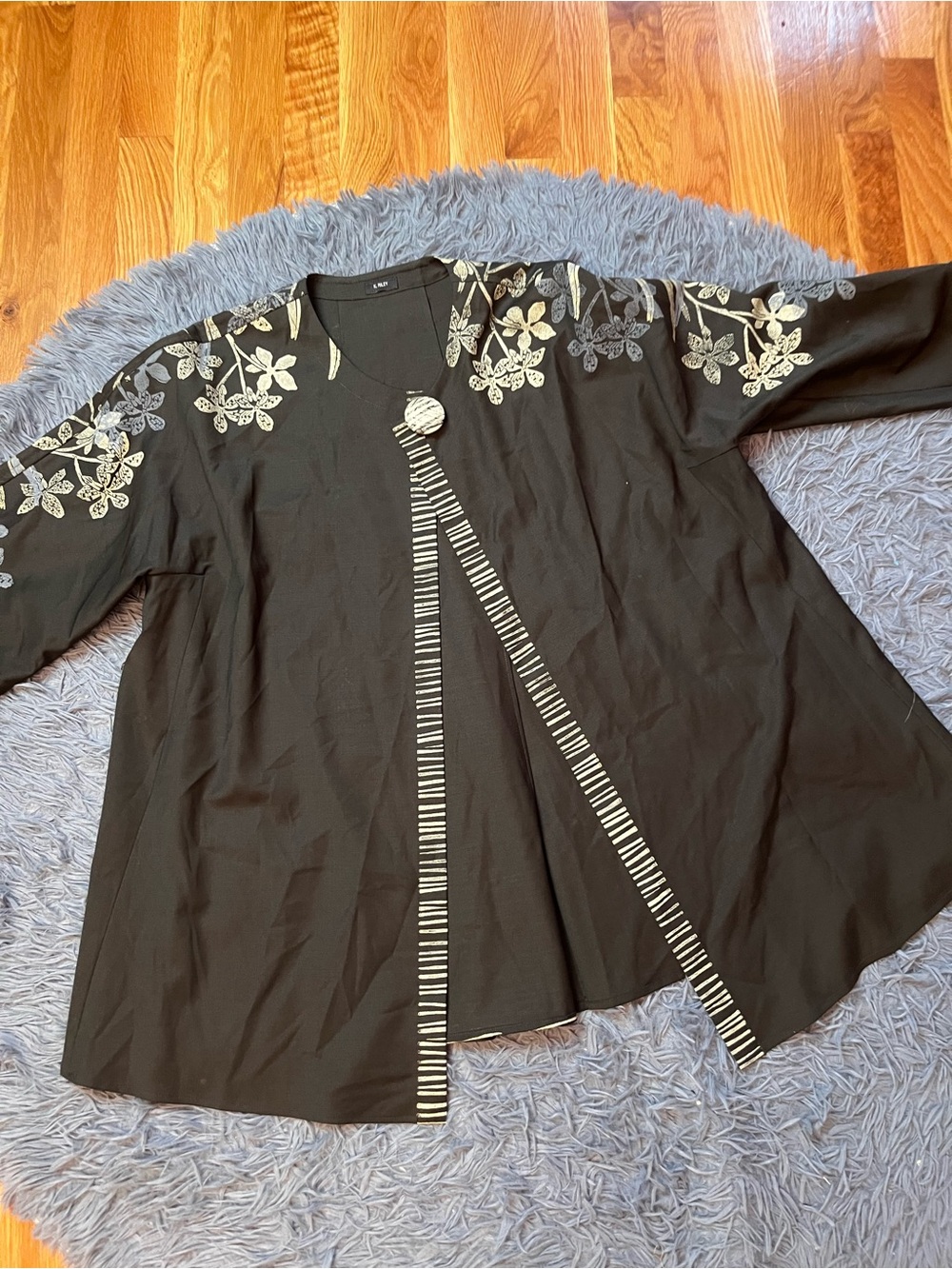 K Riley Dark Gray Floral Print Long Sleeve Jacket Stripe Trim Size XL